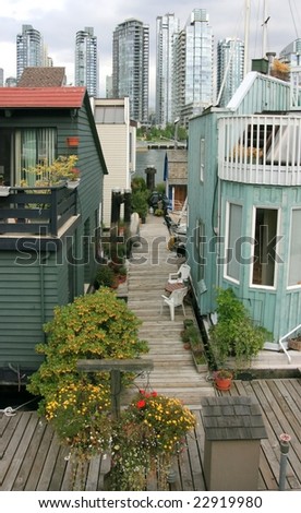 VANCOUVER, BC - SEPTEMBER 5: Floating homes in Sea Village on Granville Island on September 5, 2008 in Vancouver, British Columbia, Canada.