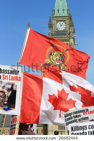 OTTAWA, ONTARIO - APRIL 17:  People protest against the civil war in Sri Lanka on April 17, 2009 in Ottawa, Ontario, Canada. The protesters demand to end attacks against Tamil citizens in Sri Lanka.