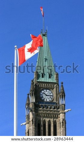 The Peace Tower of the Parliament buildings on Parliament Hill in Ottawa, Ontario, Canada.