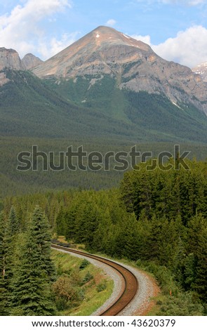 A railroad and Mount Fairview near Lake Louise in Banff National Park, Alberta, Canada.