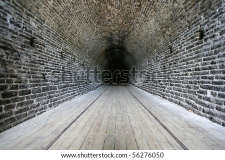 Inside the Brockville Railway Tunnel, Canada's first railway tunnel, completed in 1860. Brockville, Ontario, Canada.