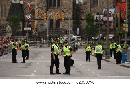 OTTAWA, CANADA - JUNE 30: Police protection in downtown Ottawa on June 30, 2011 just prior to the arrival of William and Kate during the first stop of their royal tour of Canada.
