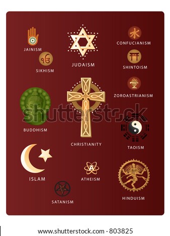 (Vector EPS file!!!) Symbols of various world religions including: Christianity, Judaism, Islam, Buddhism, Hinduism, Taoism, Jainism, Satanism, Atheism, Confucianism, Shintoism, and more...