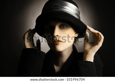 Retro woman vintage hat clothes. Elegant fashion portrait