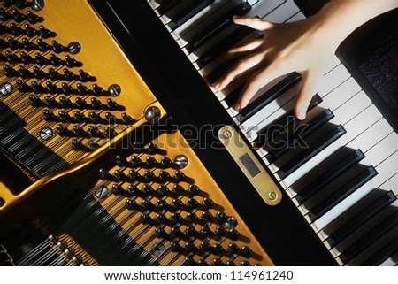Piano music pianist hands playing. Musical instrument grand piano details with performer hand on white background