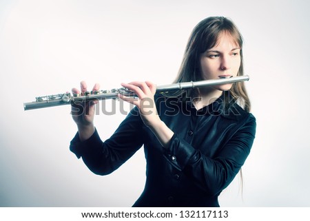 Flute music instrument flutist musician playing. Classical orchestra instruments