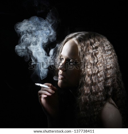 Smoking woman with cigarette smoke on black background.