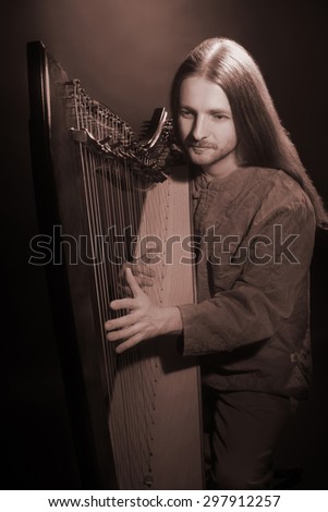 Irish harp player. Musician harpist music performer portrait