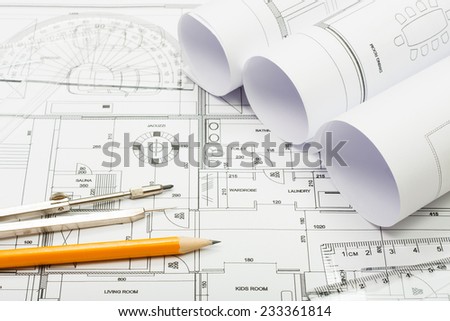 Architectural plans, pencil and ruler