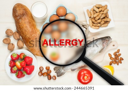 Allergy food concept. Food on wooden table