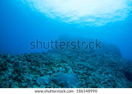 Abstract underwater scene sun rays in deep blue sea, Green Island, Taiwan.