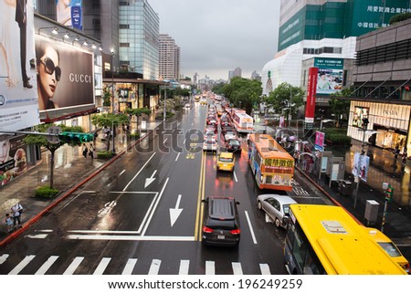 Taipei, Taiwan - May 23, 2014:A rainy day of Taipei city street.