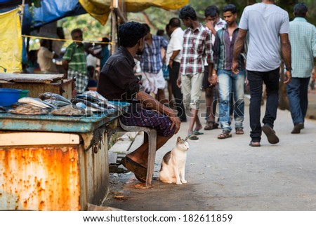 KOCHIN, INDIA-FEBRUARY 25: Trader on the street of Indian town on February 25, 2013 in Kochin, India. Trader on a city street province Tamil Nadu