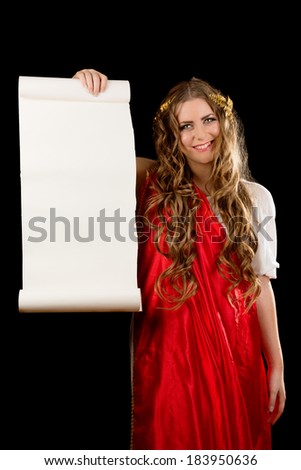 Ancient godness in a red greece toga isolated on a black background. Scroll with copyspace