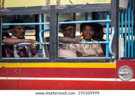MADURAI, INDIA-FEBRUARY 15: Indian bus 15, 2013 in Madurai, India. People in the indian bus.