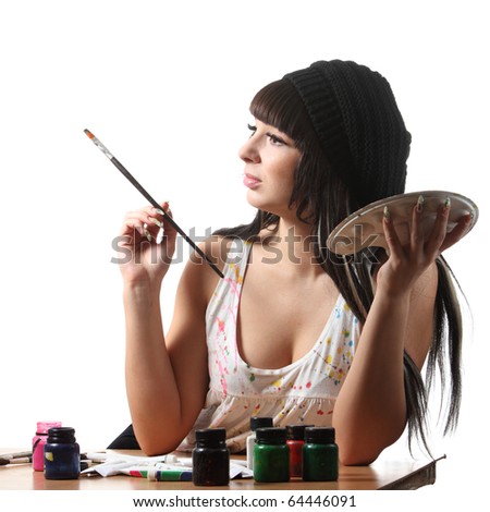 Young women-artist hold brush and palette and thinking