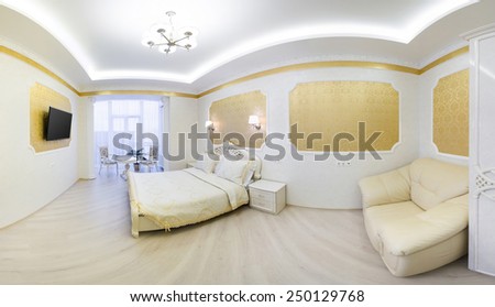 Luxurious bed with cushion in royal bedroom interior. Panorama hotel room