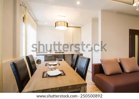Modern interior of a living room studio. Kitchen with dinner table