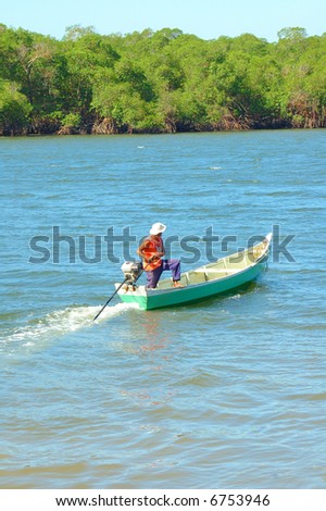 Man in the boat on the river .
