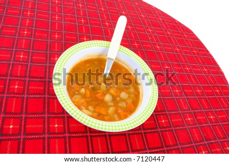 Vegetables Soup on the Red Tablecloth with black square lines .