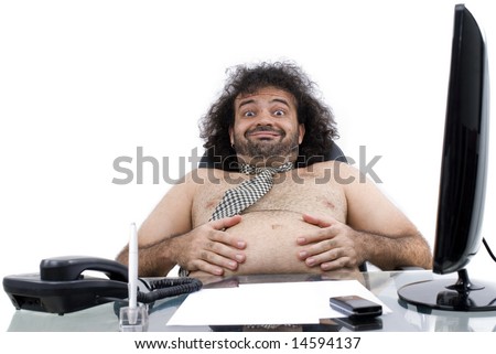 stock photo Satisfied Fat man in the office on white 