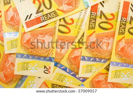 Twenty Brazilian Real Currencies Background .