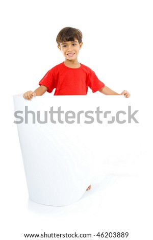 Little boy holding and looking a blank billboard.