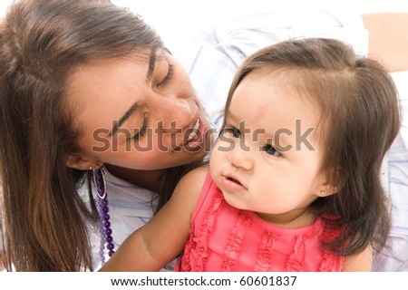 photo of a Mother kissing her daughter .