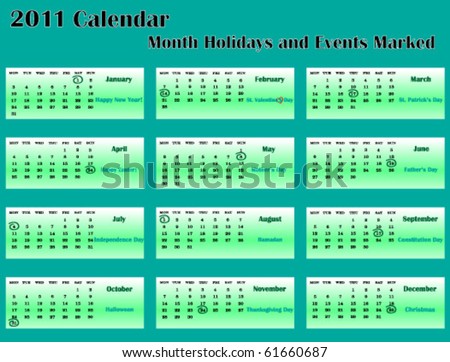 2011 Calendars Month on 2011 Calendar With Month Holidays And Events Marked Stock Vector