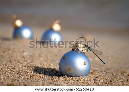 New year at the beach! Christmas ornaments standing in the sand near the water with a dragonfly on it.