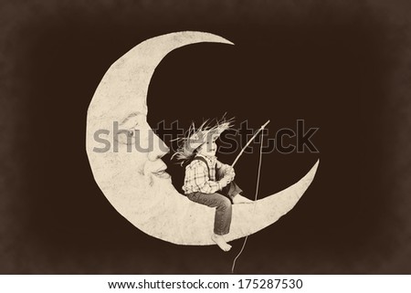 Vintage little boy fishing from a paper moon