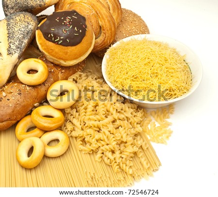 assortment of baked bread and pasta
