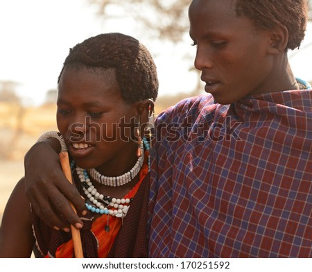 Ngorongoro Conservation Area, TANZANIA. People of Maasai tribe on Auggust 10, 2013. Maasai people are a Nilotic ethnic group of semi-nomadic people located in Kenya and northern Tanzania.