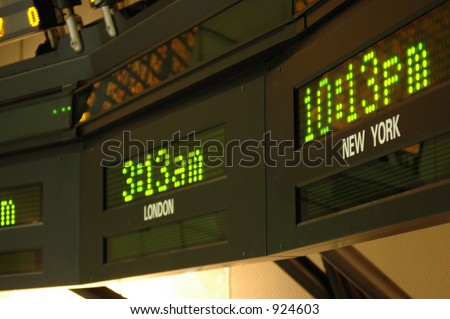 Clocks displaying the times in New York and London.(From a share price electronic board)