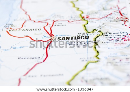 Image of a map showing Santiago, the capital of Chile, South America.