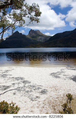 A small stoney beach on Dove Lake, at Cradle Mountain in Tasmania, Australia. The water is stained a tea-like color by local grasses.