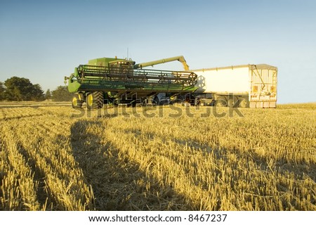 A modern combine harvester emptying grain into a truck