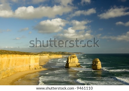 Australia\'s natural wonder, The Twelve Apostles - sandstone cliffs worn away by erosion.