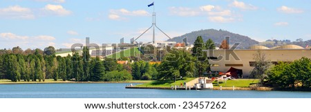 Landscape view of the Australian Parliament in Canberra opposite Lake Burley Griffin