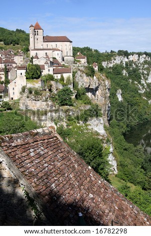 View to St-cirq Lapopie medieval village and Lot river, popular France tourism destination, portrait orientation