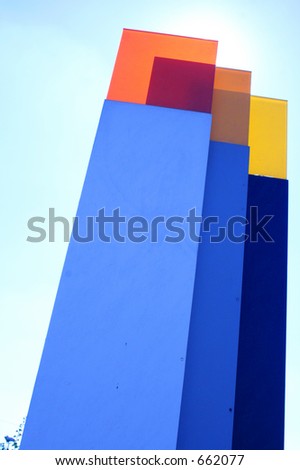 3 bluish columns with colored tops