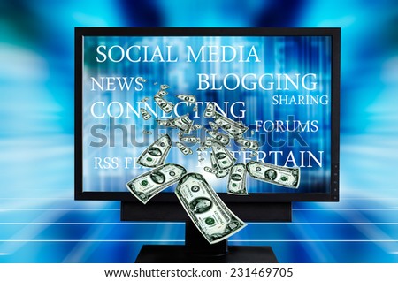 dollars coming out of a computer screen, earning with social media concept