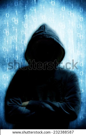 menacing hacker with hood, face hidden, background of binary digits