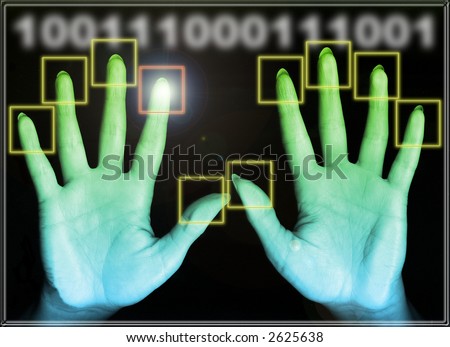 female palm of hands over a screen as for security scan
