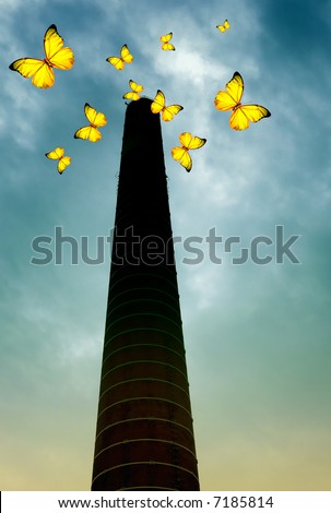 industrial chimney with butterflies coming out of it and flying around - concept for cleaner industry