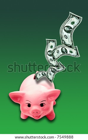 piggy bank with dollar banknotes flying into it as concept for saving