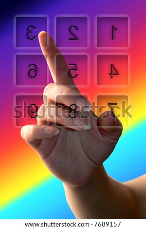 female hand with finger pointing to a transparent pad with numbers over it