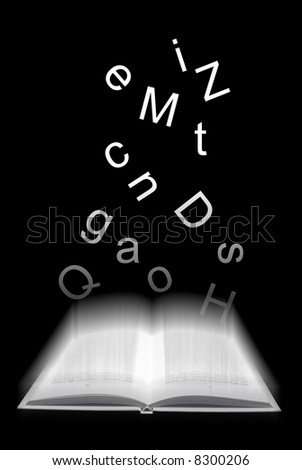 open book with alphabet letters flying out of it and motion blur effect