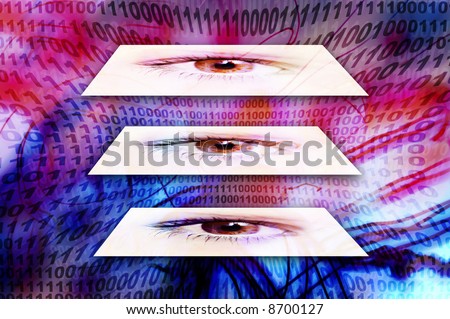 female eyes floating over a technology background with binary numbers
