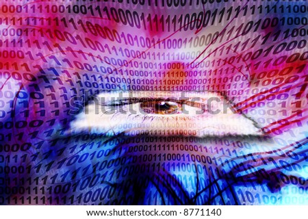 female eye floating over a technology background with binary numbers